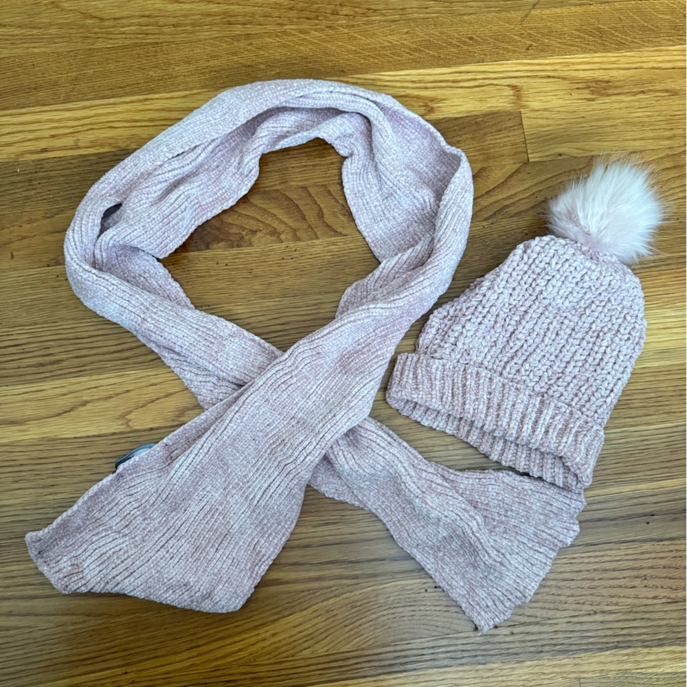 Pink Knit Scarf and Beanie Set